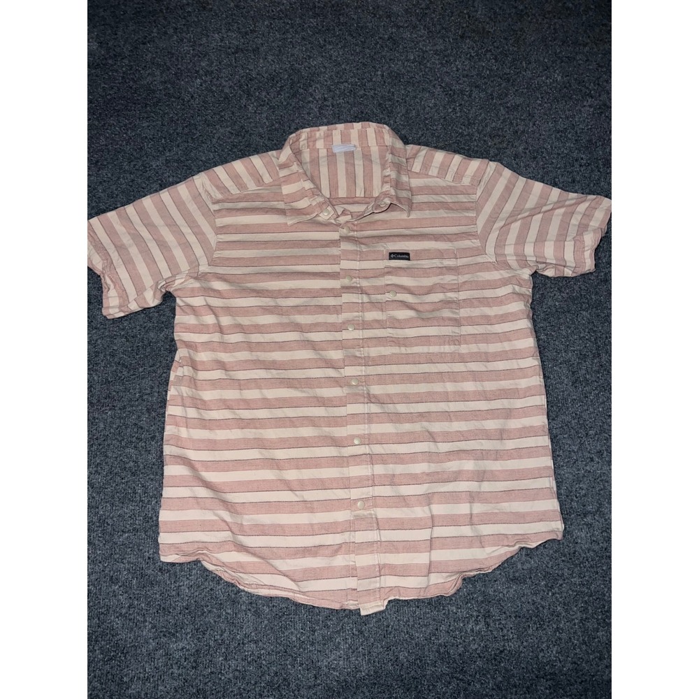 Columbia Mens XL Short Sleeve Button Down Shirt Red Tan Striped Cotton Blend